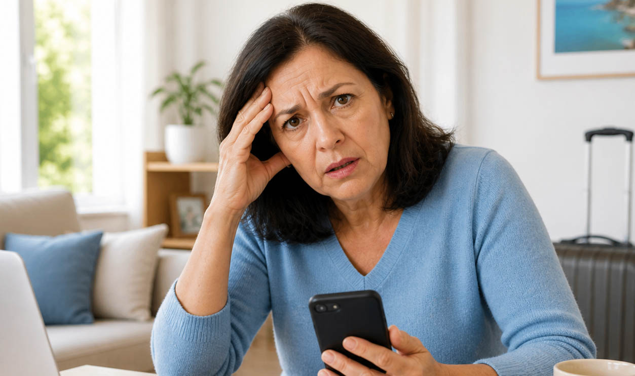 AI-generated image of a woman worried about a travel scam.