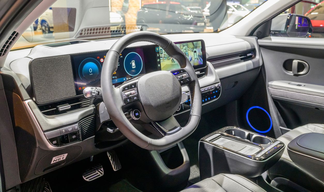 Hyundai Ioniq 5 battery electric compact crossover SUV interior on display at the AutoSalon press preview on January 09, 2026 in Brussels, Belgium. The 102nd Brussels Motor Show has firmly established itself on the international calendar, featuring over 60 car brands and more than 20 motorcycle brands, and visited by over 270,000 people. 