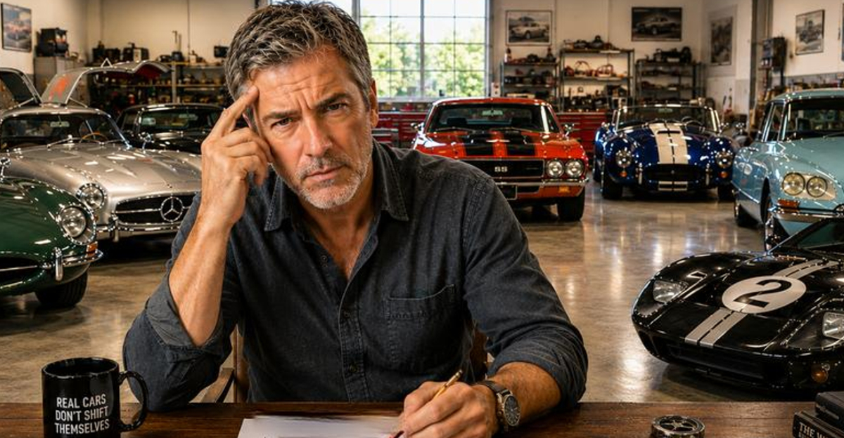 Man thinking with classic cars behind him in garage