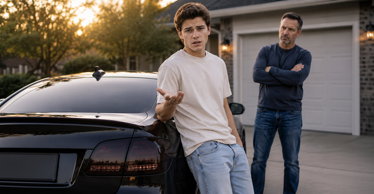 Young man and his father with a black car with tinted brake lights.