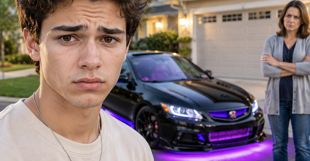 Young man with a car with an under-glow.