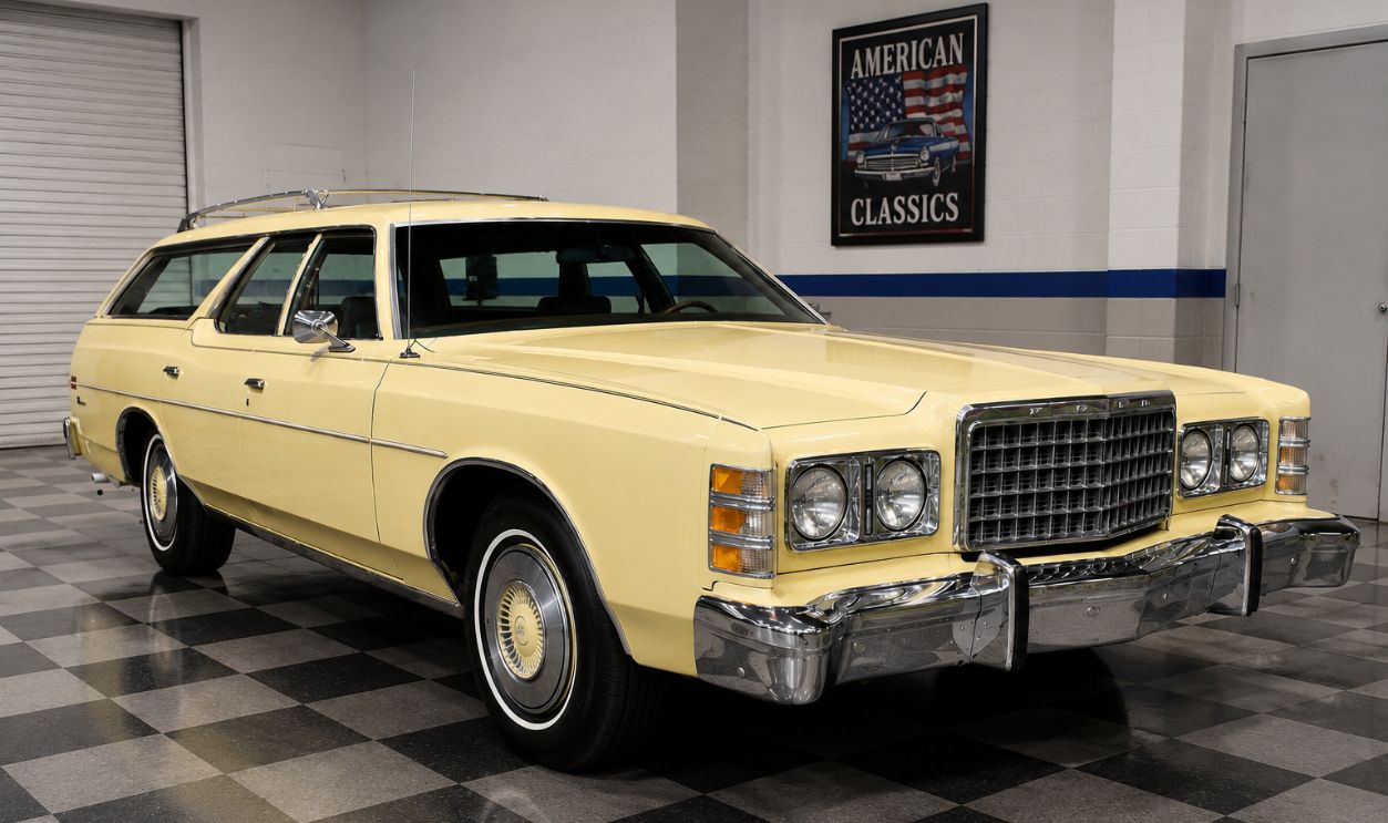 Vintage Ford station wagon in showroom