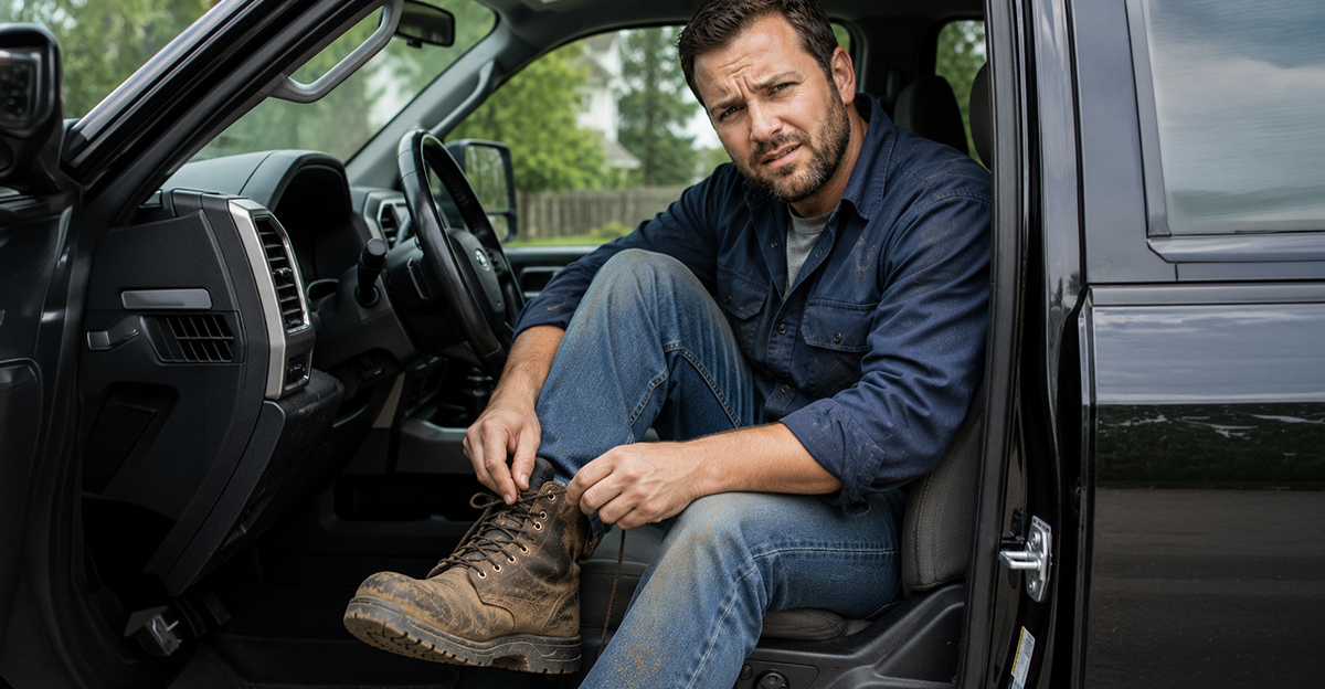 Man taking off his work boots while sitting in his truck.