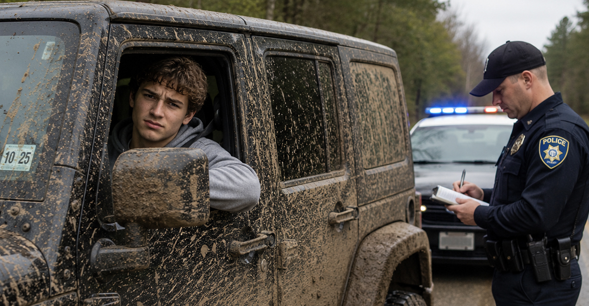 Man in a muddy jeep being pulled over by police.
