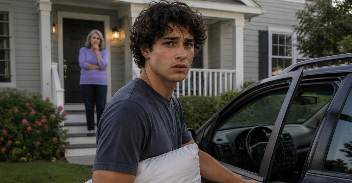 A young man taking a pillow into his car.