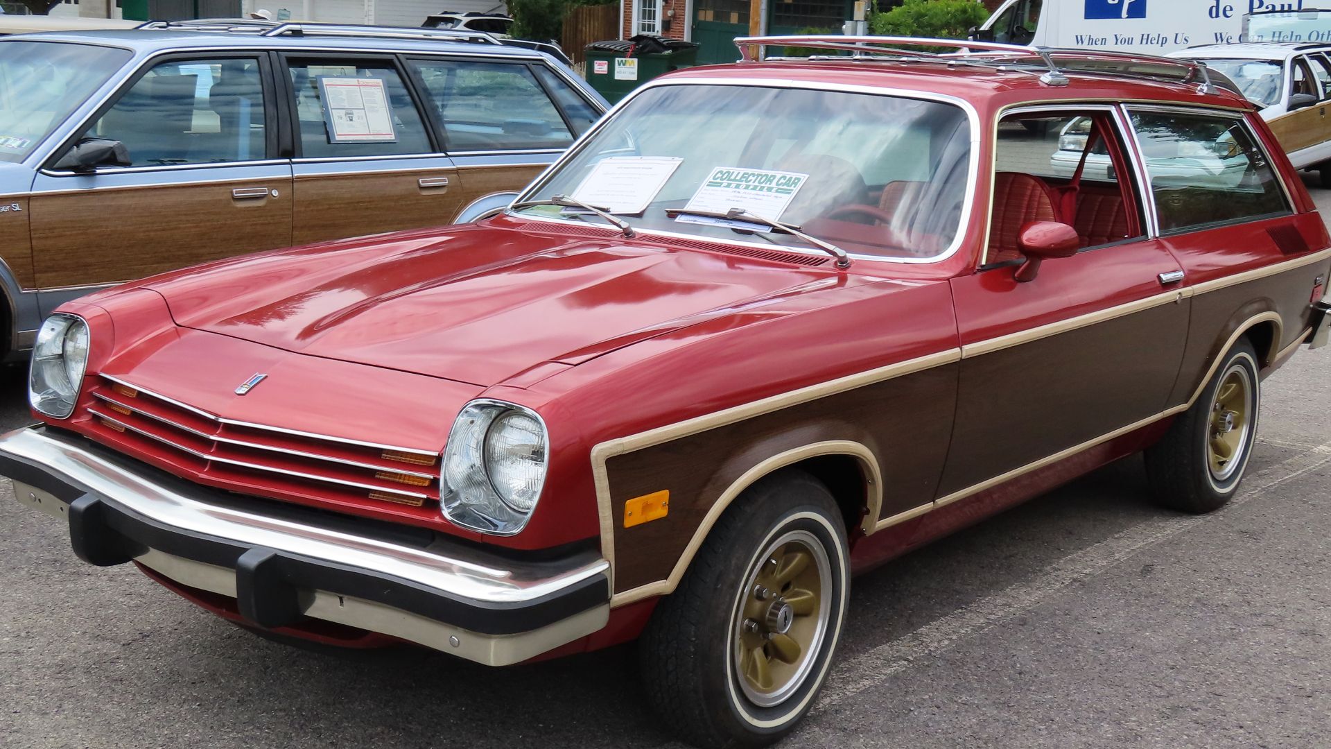 1977 Chevrolet Vega Estate wagon photographed at the July 15, 2023 International Station Wagon Club meet in Butler, Pennsylvania. Finished in Light Red. Nonstandard wheels from a Cosworth Vega.