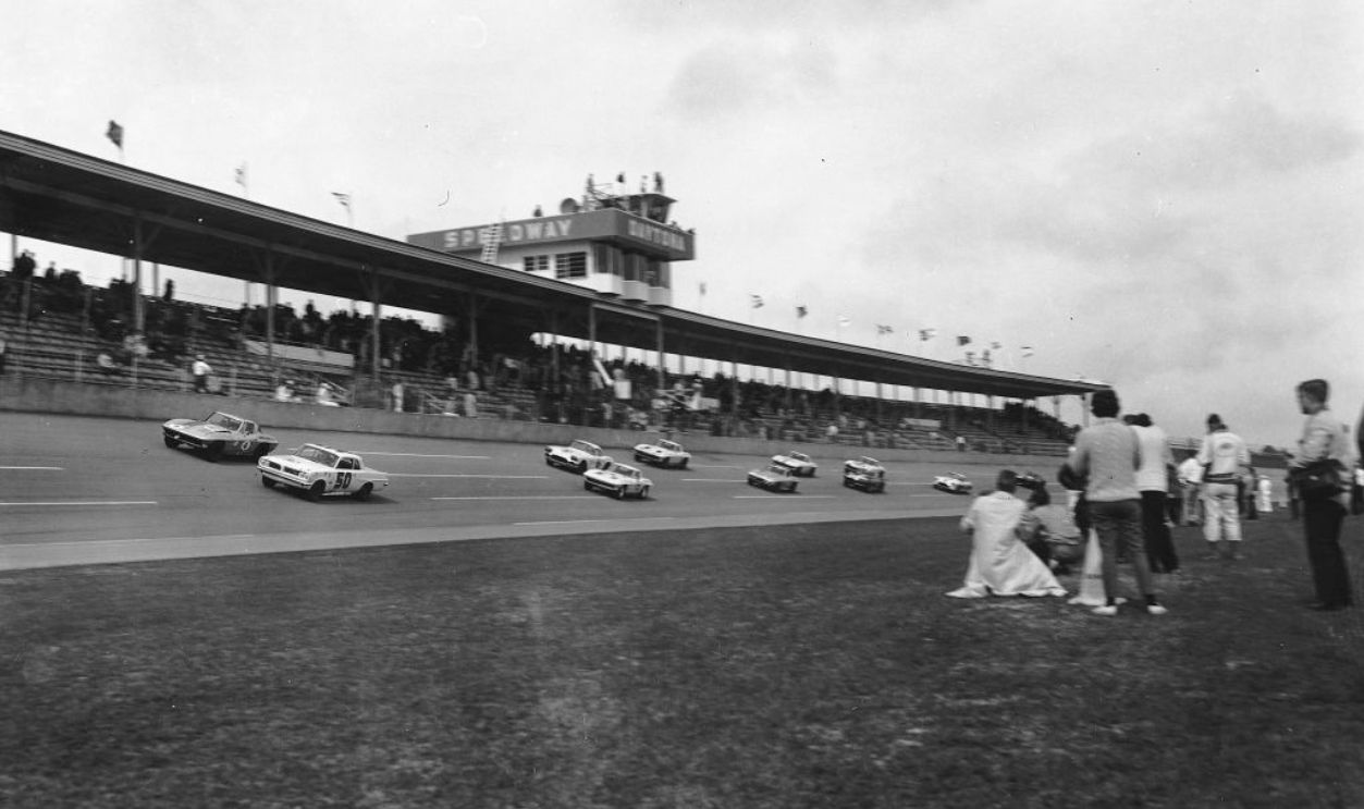 DAYTONA BEACH, FL - FEBRUARY 17, 1963: Paul Goldsmith (No. 50) drove this Ray Nichels Pontiac Tempest in the Daytona Continental 3-Hour race (a predecessor to the Rolex 24 of later years). Billy Krause is outside in the Mickey Thompson Corvette Sting Ray. 