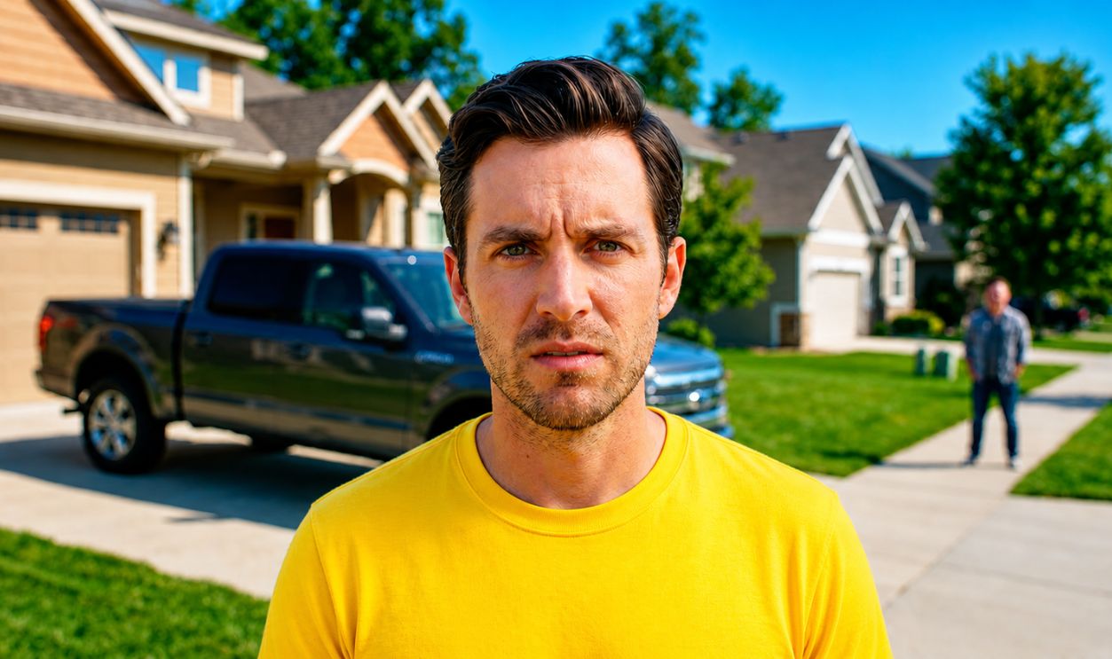man in front of house with pickup truck; HOA member inspecting in the background