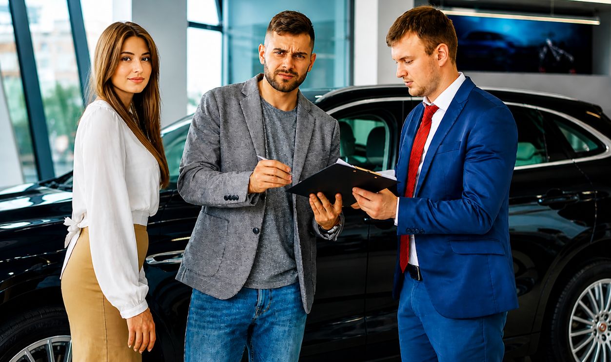 Three adults discussing documents at a car dealership beside a black car