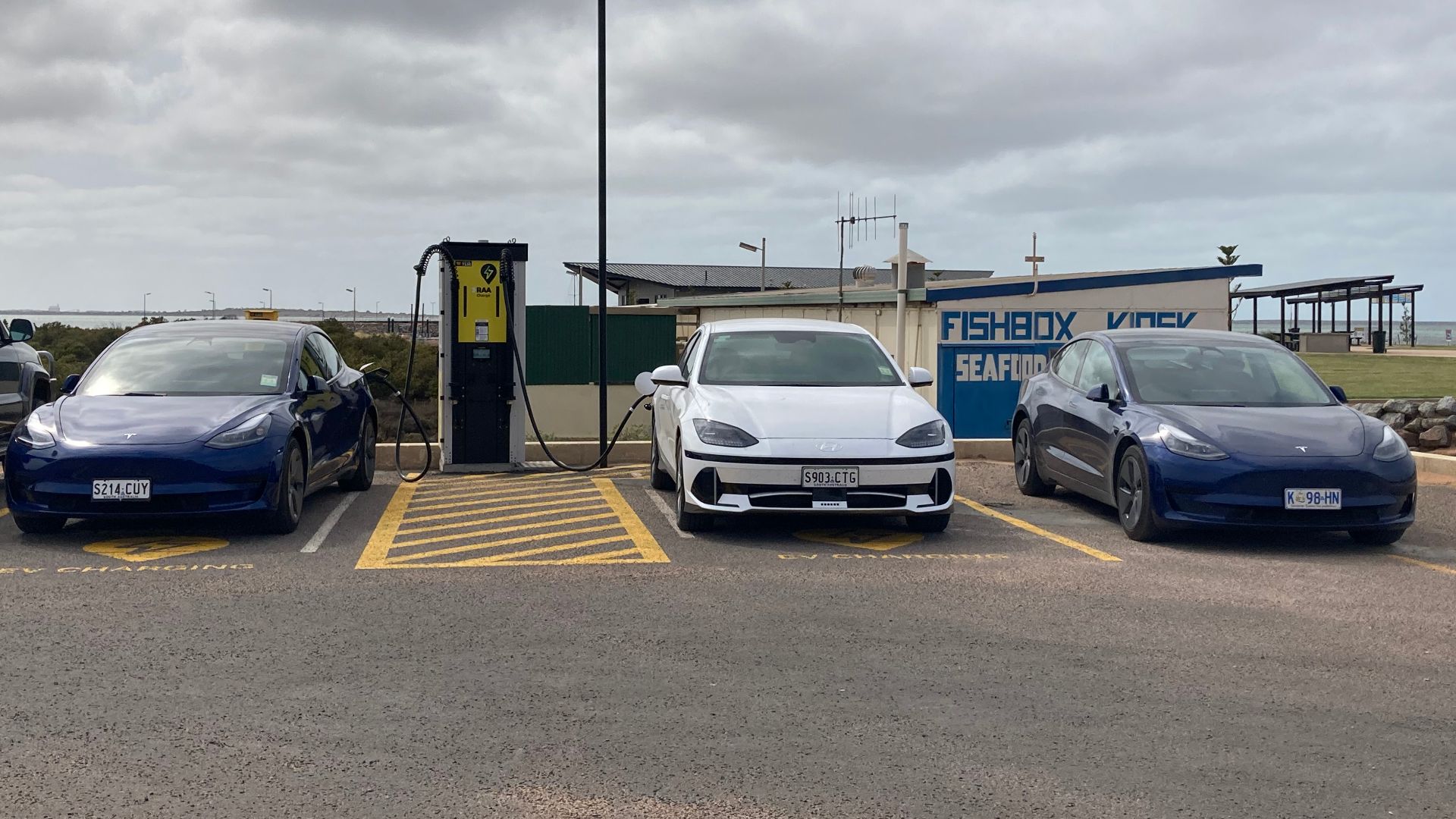 Electric cars at RAA EV charging station, Cowell, South Australia