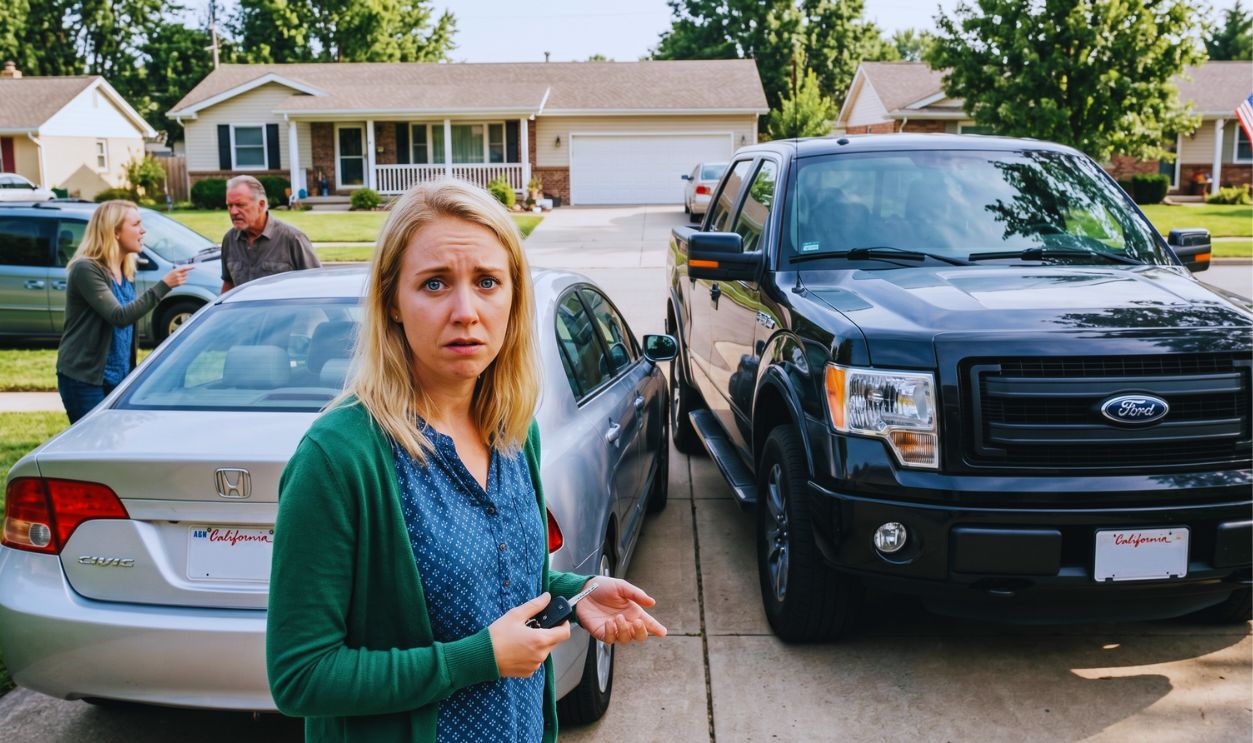 Woman worried neighbor car
