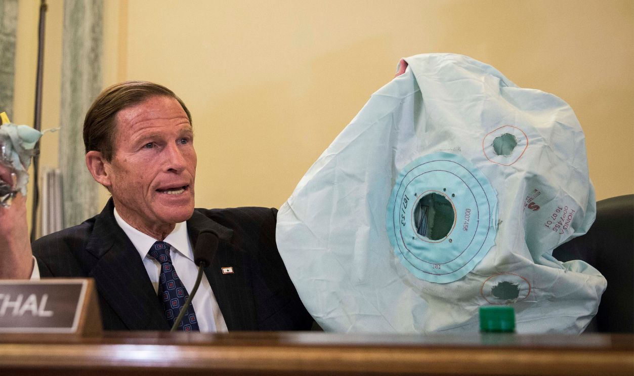 U.S. Sen. Richard Blumenthal (D-CT) holds up an airbag and inflator during a Senate Commerce, Science, and Transportation Committee hearing entitled ÒUpdate on the Recalls of Defective Takata Air Bags and NHTSA's Vehicle Safety Efforts,