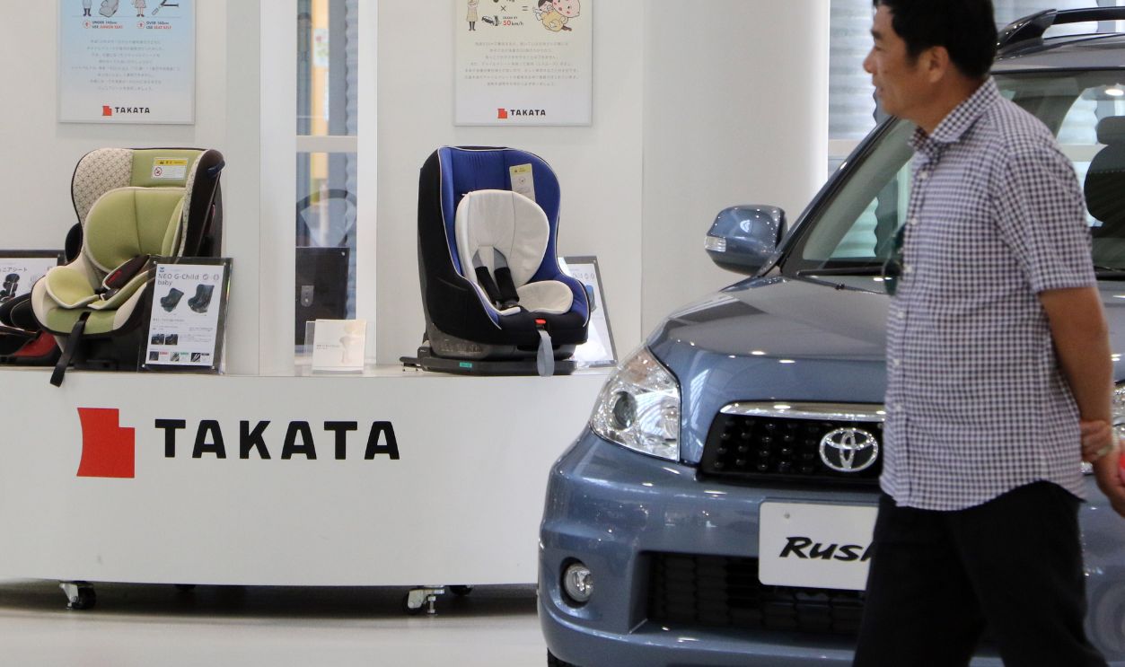 This picture taken on May 8, 2015 shows child car seats from Japanese auto parts maker Takata at a Toyota showroom in Tokyo. The world's biggest automaker Toyota said on May 13 that its recall of five million vehicles affected 35 models globally produced between March 2003 and November 2007 due to faulty airbags made by embattled supplier Takata.