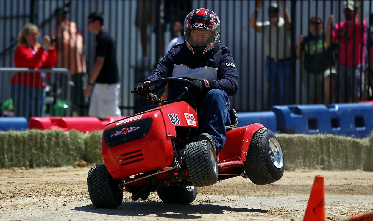 A general view of lawn mower racing during the No Limits Garage Party in the LiftMaster Garage at Texas Motor Speedway on April 13, 2013 in Fort Worth, Texas. 