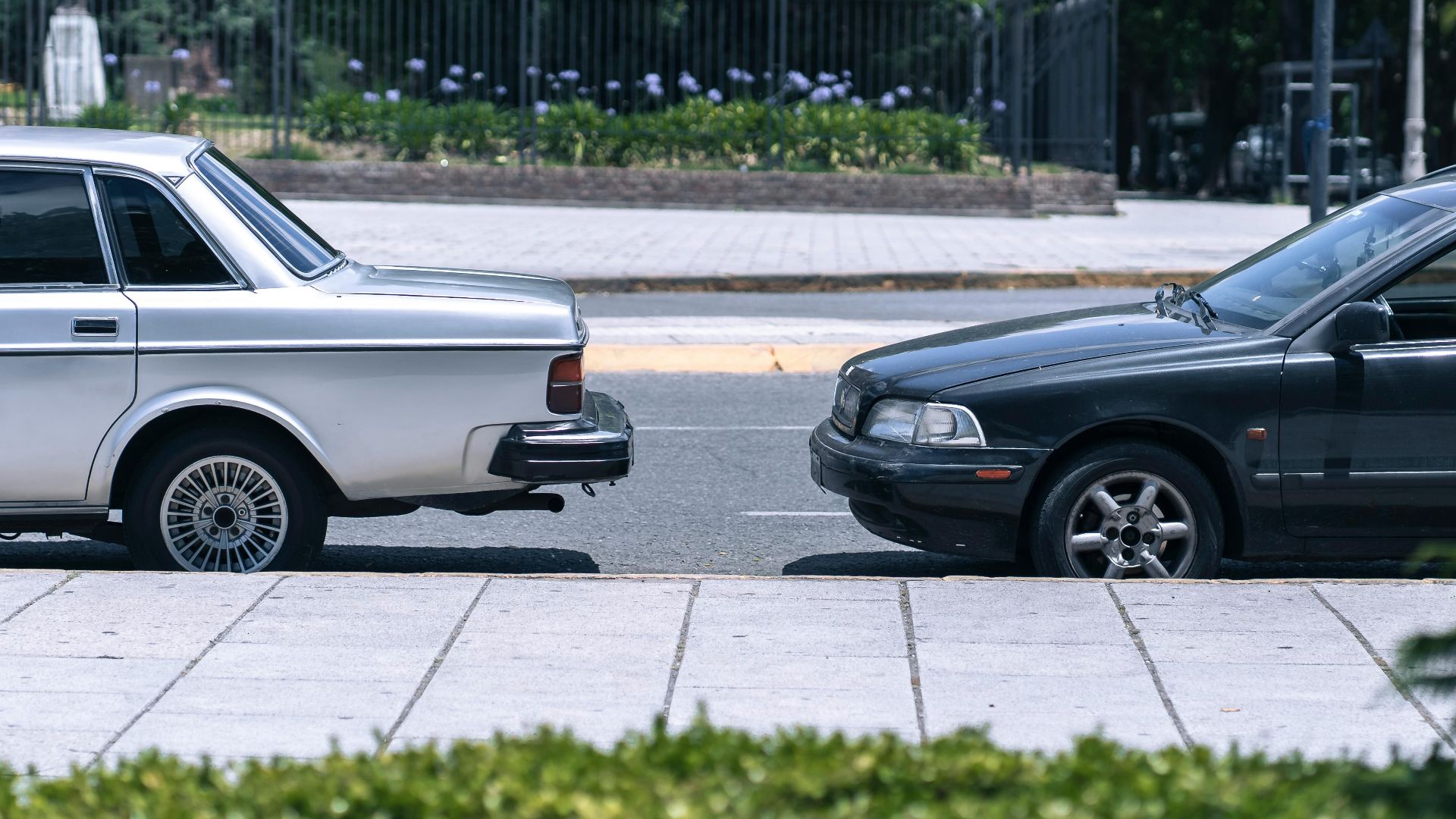 Two vintage cars parked on a sunny urban street amidst greenery and sidewalks.