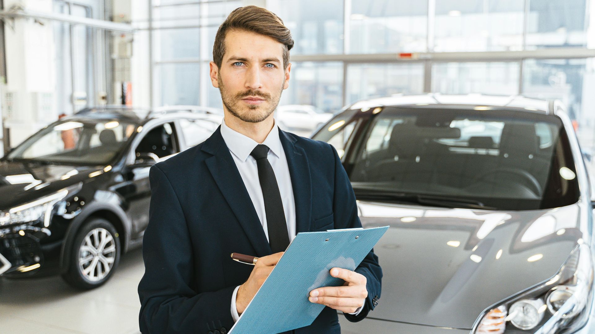 A confident car salesman in a showroom, holding a clipboard and pen.