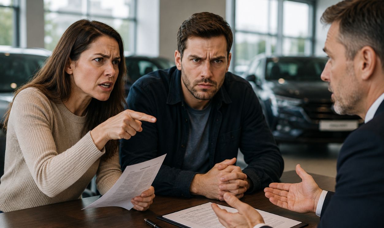 Tense discussion in a car showroom