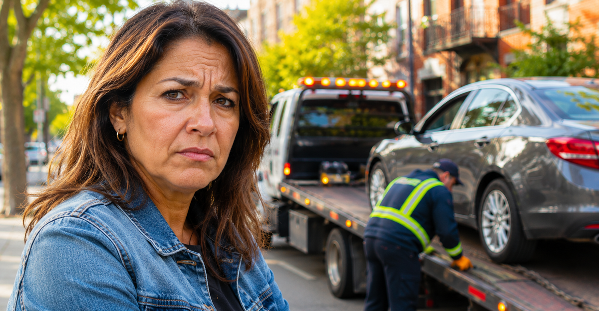 Woman standing in front of car being towed