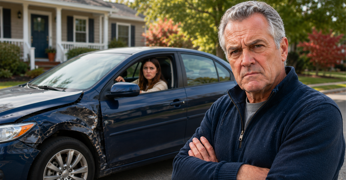 Frustrated father beside daughter’s crashed car in suburban neighborhood