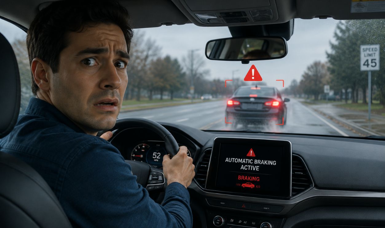 worried man driving car
