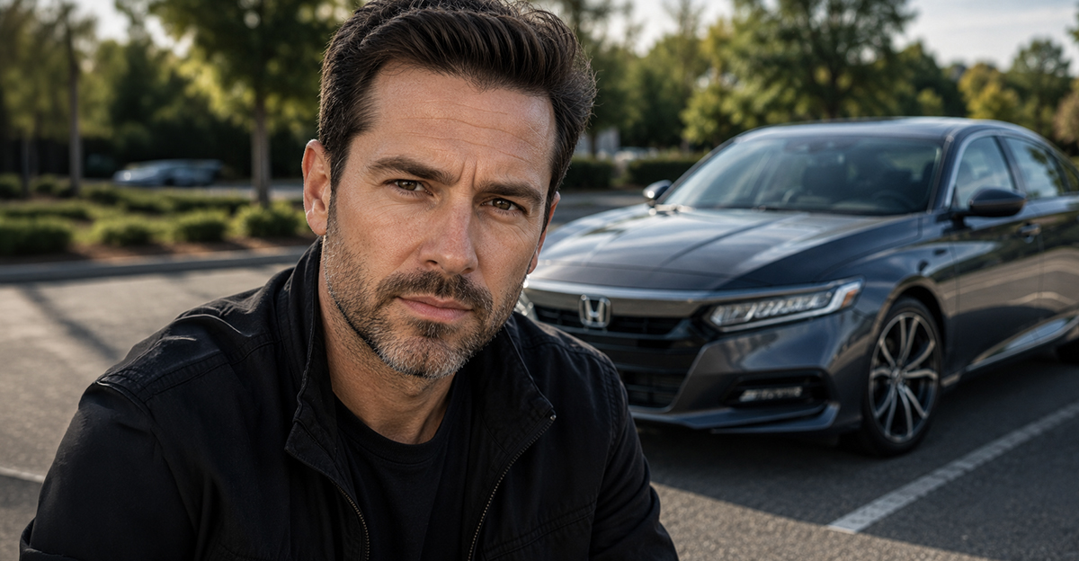 Man in black shirt in front of a sedan.