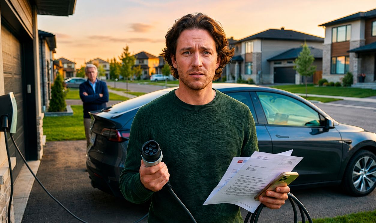 frustrated man holding EV charger