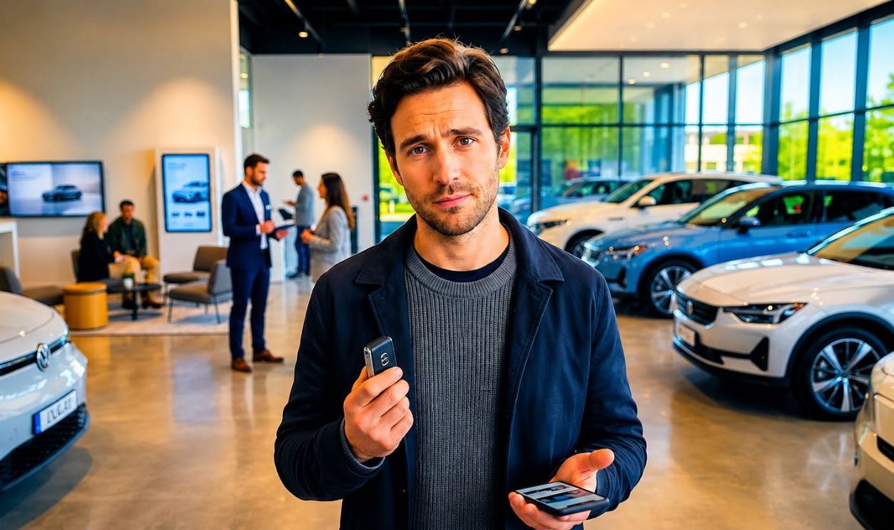 confused man in car dealership