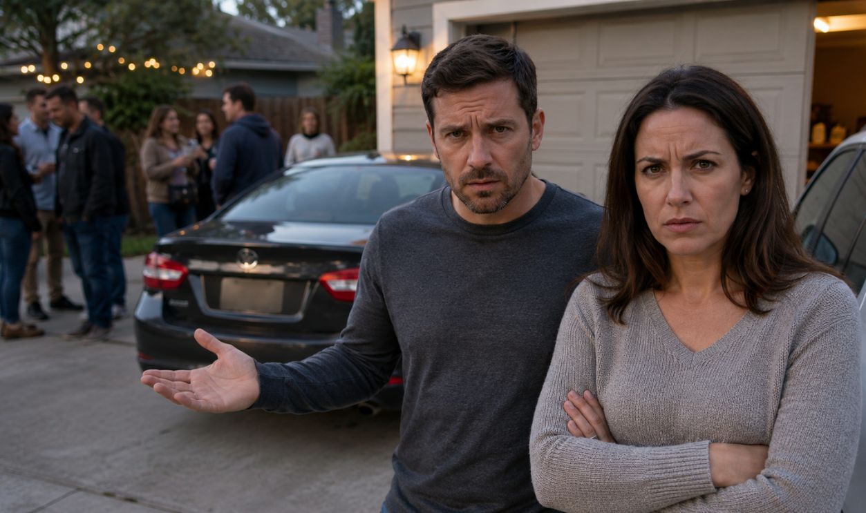 Tense confrontation in a suburban driveway
