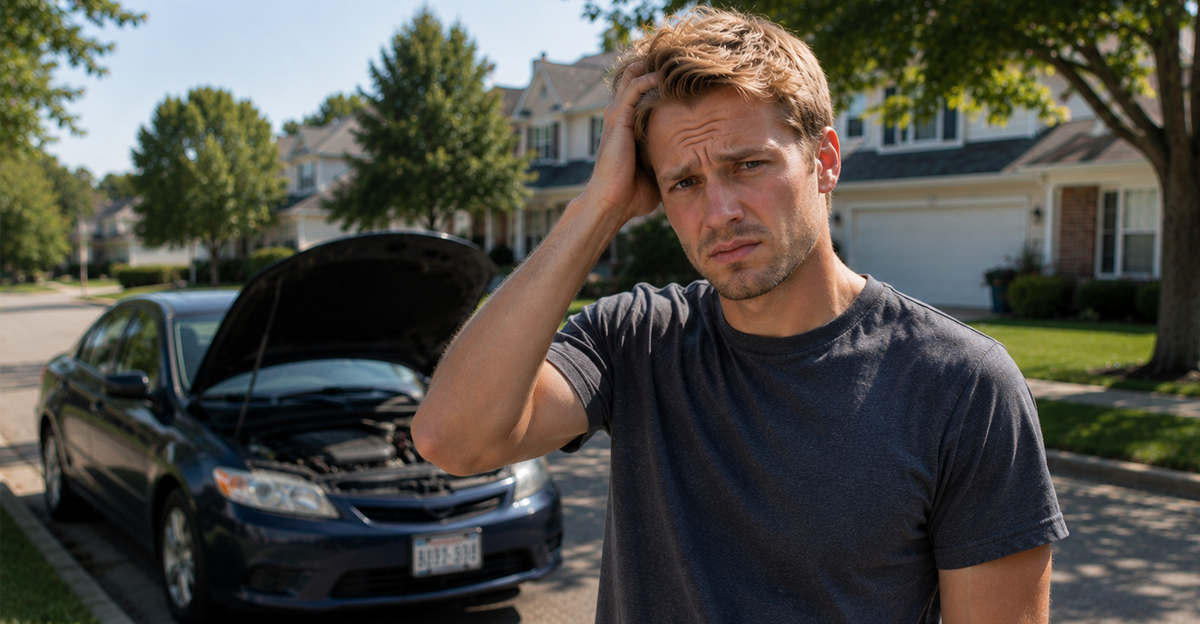 Blonde man holding head next to broken down car