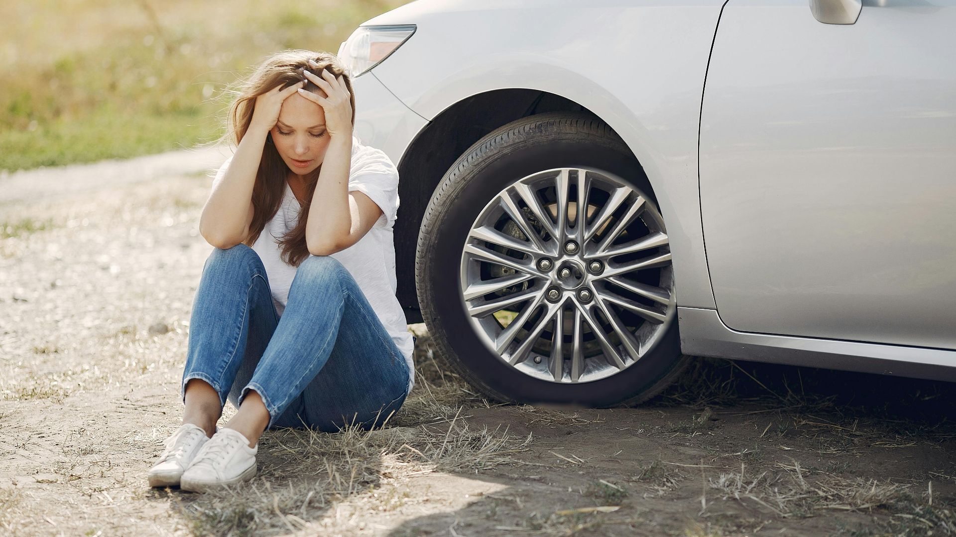 Frustrated female driver in white t shirt and jeans sitting on ground near damaged car with hands on head during car travel in sunny summer day