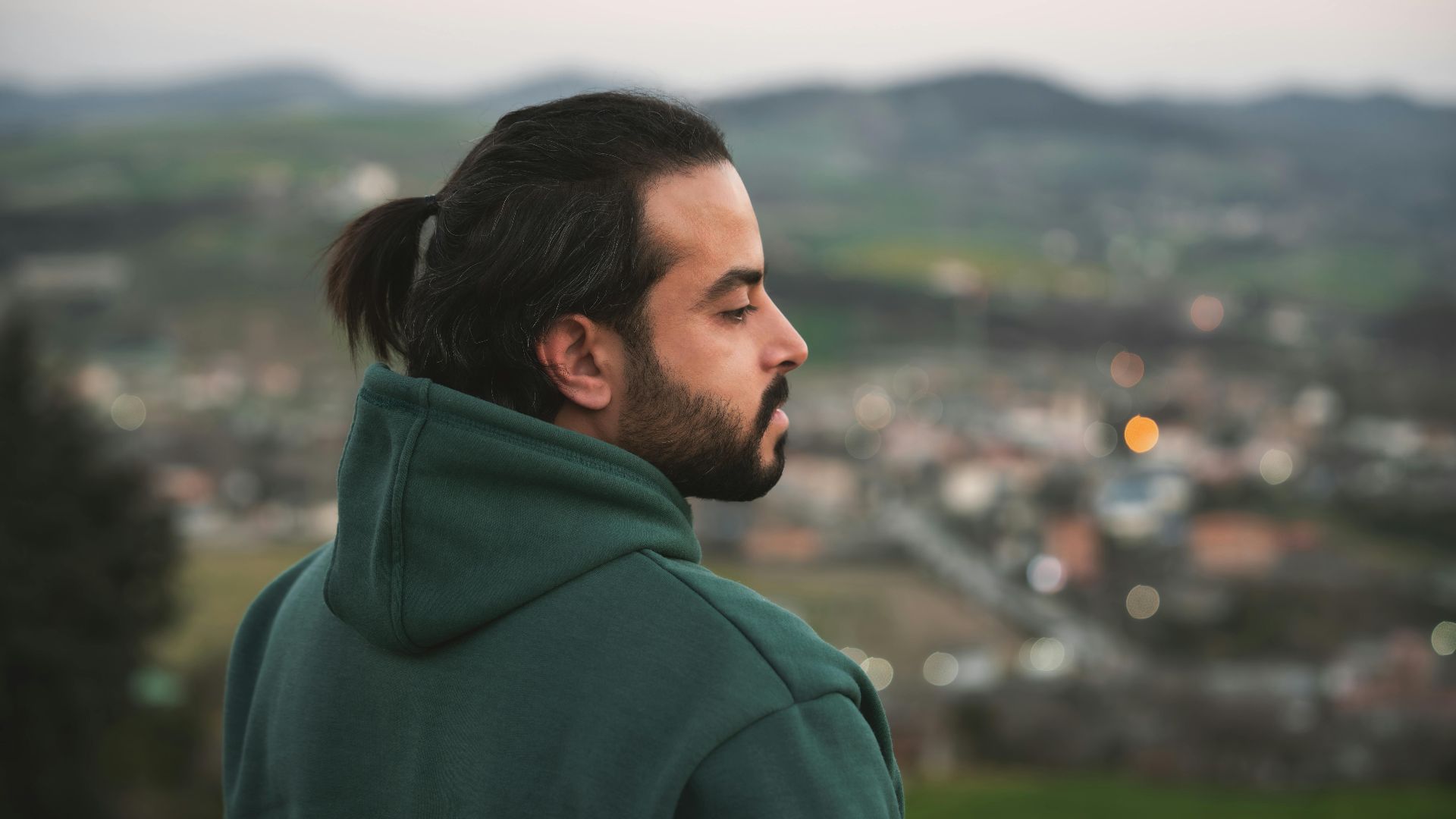 Side profile of a man with a ponytail wearing a green hoodie, overlooking a rural scenery.