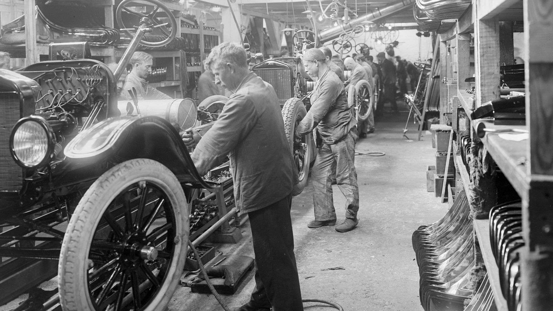 Ford assembly line in Copenhagen at Ford's factory in Heimdalsgade in 1923. The following year Ford opened a brand new factory in Sydhavnen (Copenhagen South Port) to continue assembly of Ford models
