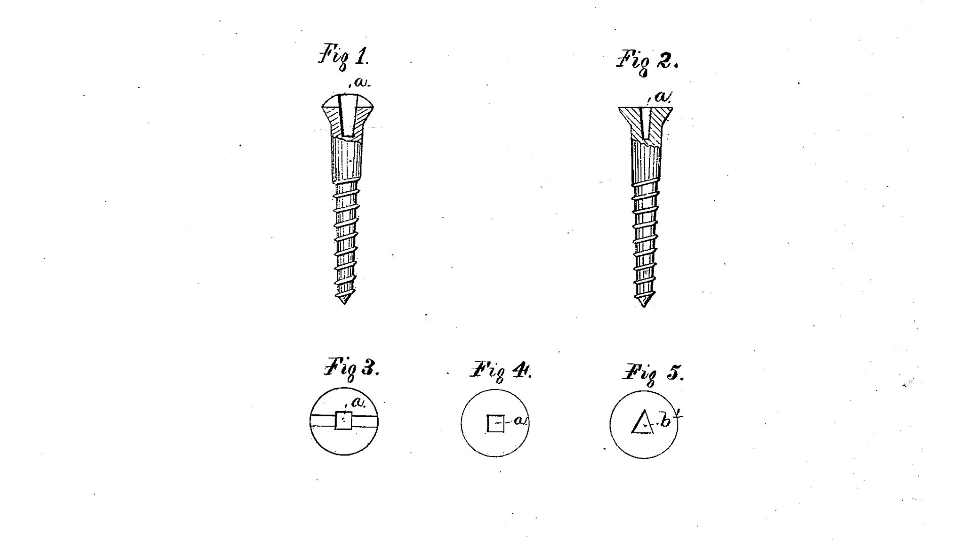 US patent 161390, Allan Cummings, 1875, wood screw drives. Probably not many screws were manufactured on this design before the patent expired. Not until 1908, when P.L. Robertson of Canada had finished developing his efficient cold-forming methods, did t