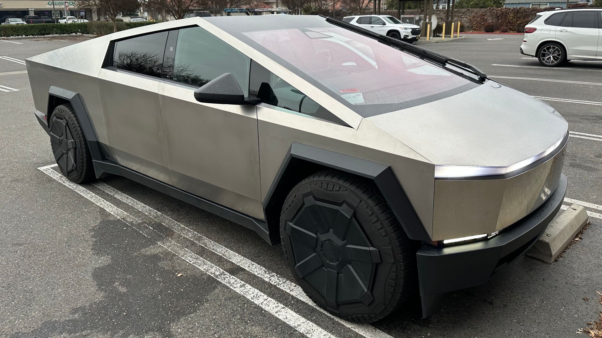 A Tesla Cybertruck sitting in a hardware store parking lot in Ripon, California.