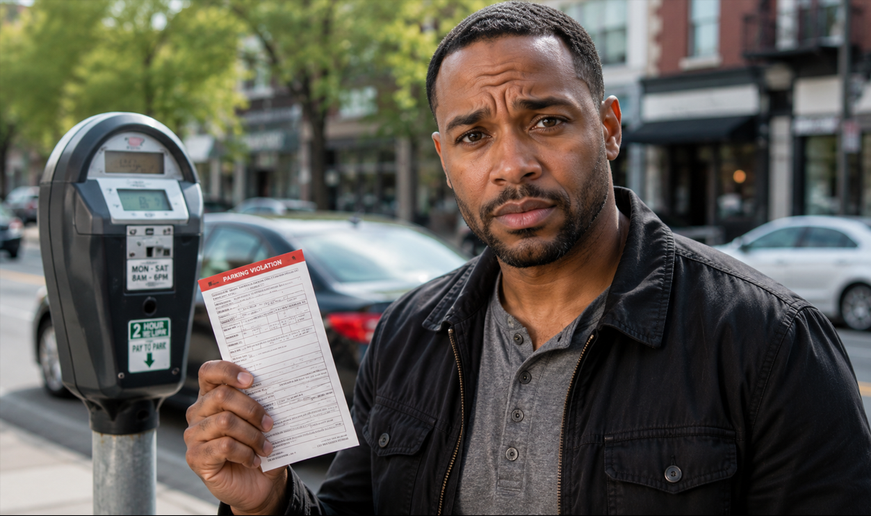Black man holding parking ticket next to meter