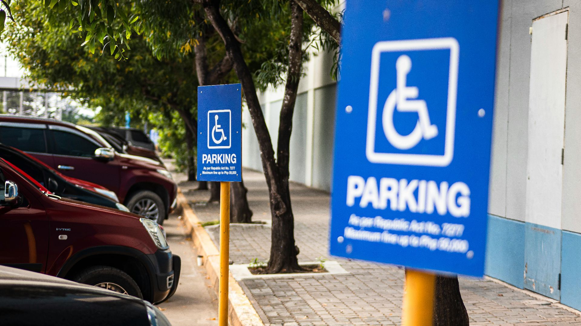 Disabled sign hanging on post on parking lot with row of cars under tree branches