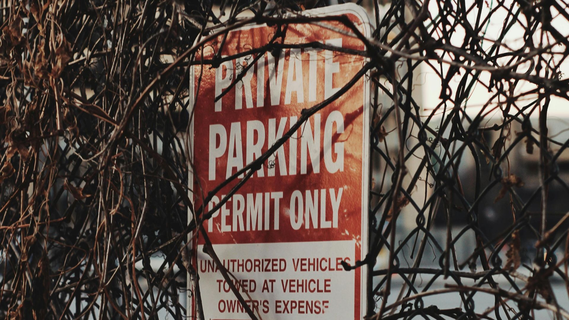 Private parking sign obscured by vines and wire fence, Northeast USA.