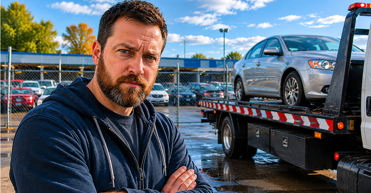 Bearded man standing in front of towing company