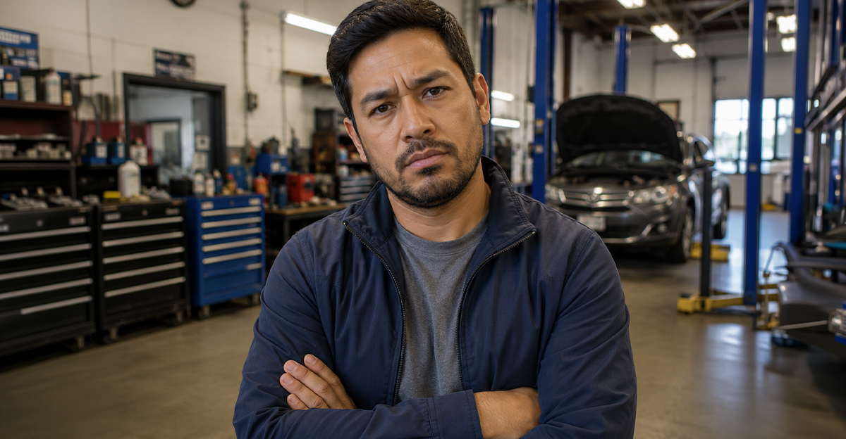 Annoyed man in a navy blue sweater standing in a mechanic shop