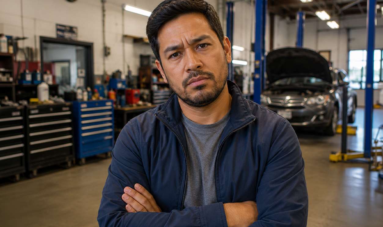 Annoyed man in a navy blue sweater standing in a mechanic shop
