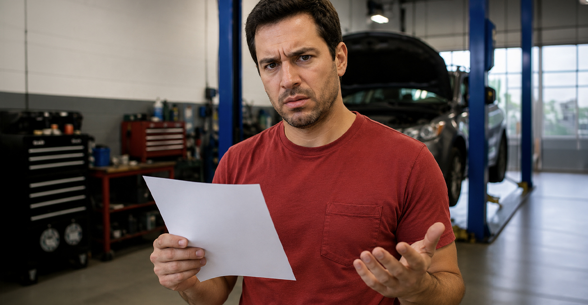 Man in a red shirt confused at mechanic bill