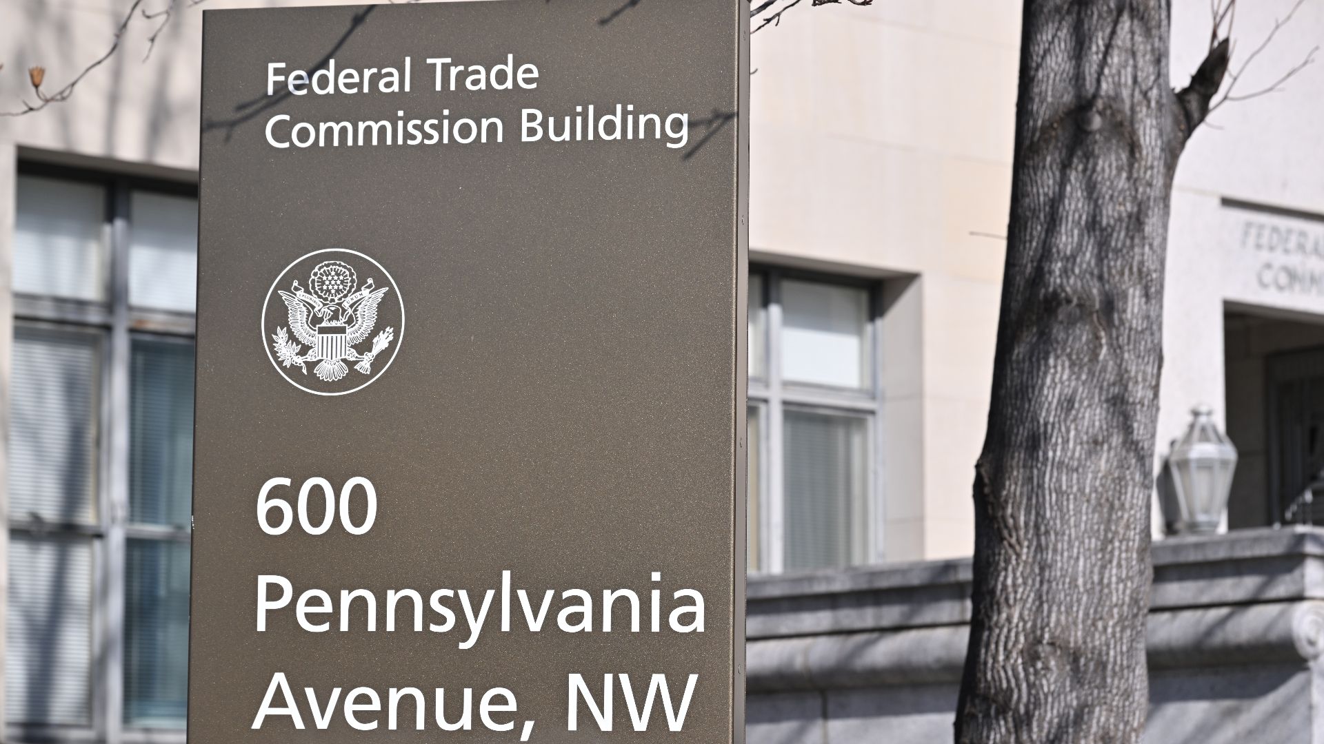 A sign outside of the Federal Trade Commission building. 600 Pennsylvania Avenue NW, Washington, DC 20580.