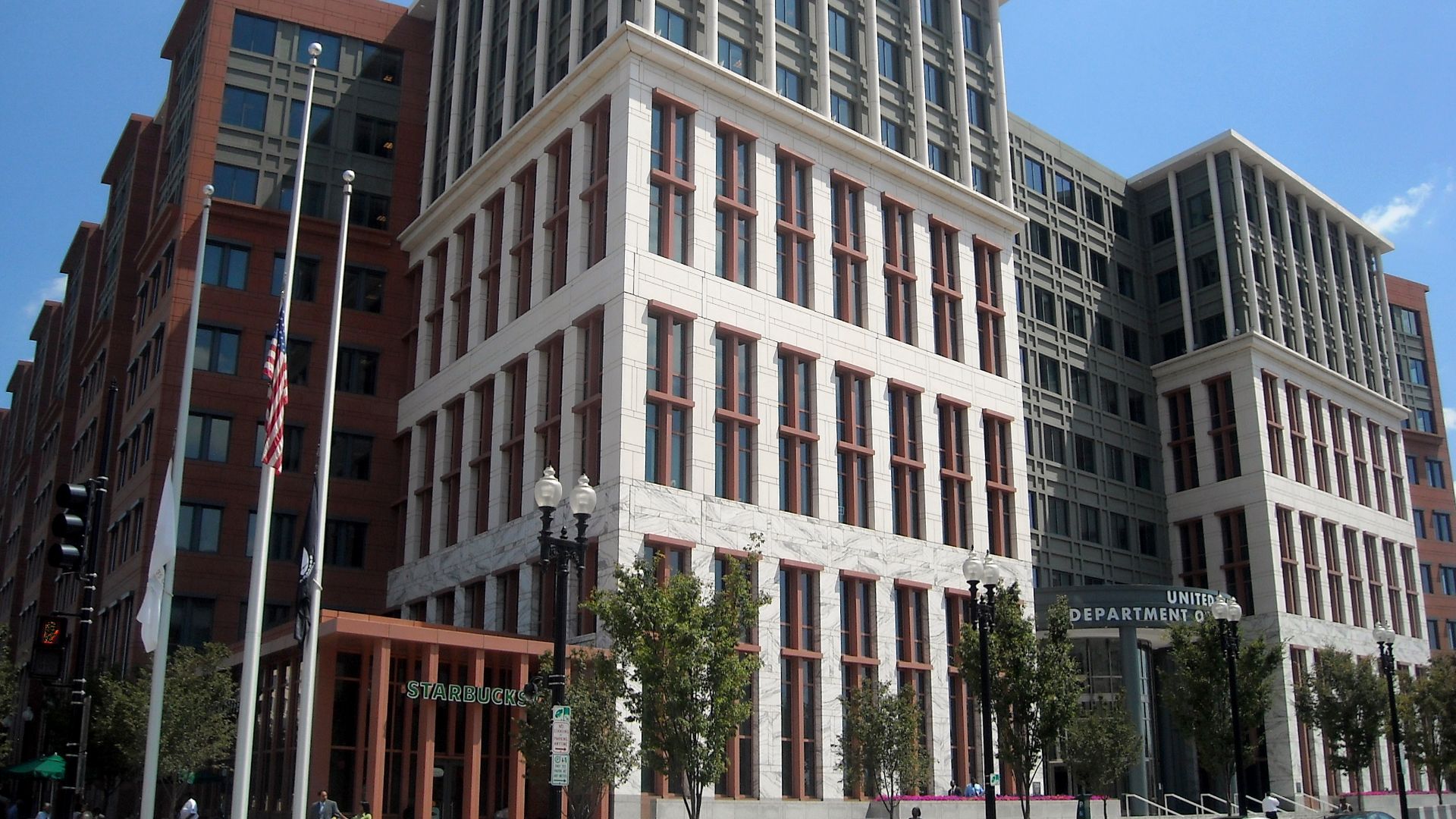 The entrance to the United States Department of Transportation headquarters (as viewed from the intersection of M Street and New Jersey Avenue, S.E.), located at 1200 New Jersey Avenue, S.E., in the Navy Yard neighborhood of Washington, D.C.