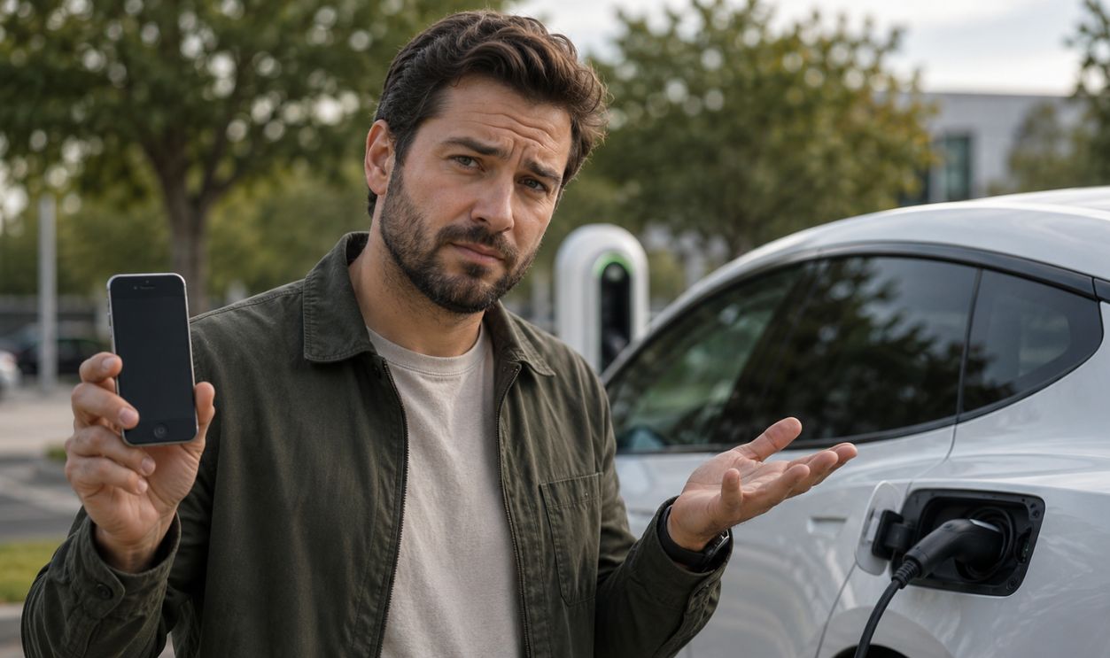 Man comparing smartphone to car charger
