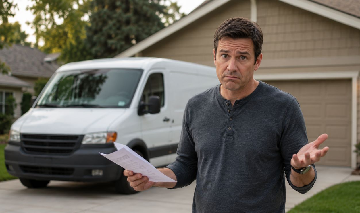 Confused homeowner in suburban driveway