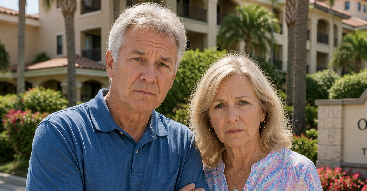 AI-generated image of a senior couple worried about timeshare fees.