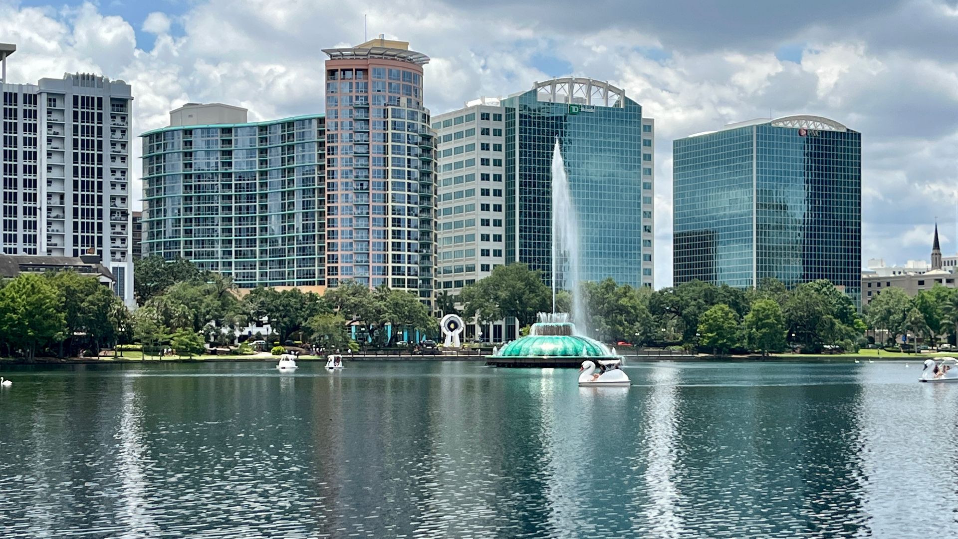 High-rises in Orlando from Lake Eola Park (May 2023).