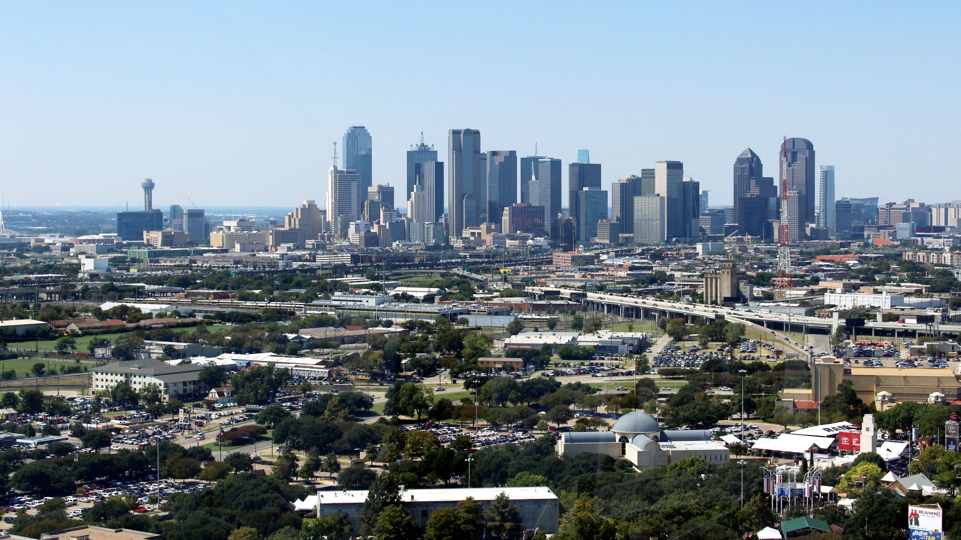 View of Dallas skyline from the Top o' Texas Tower in Fair Park.