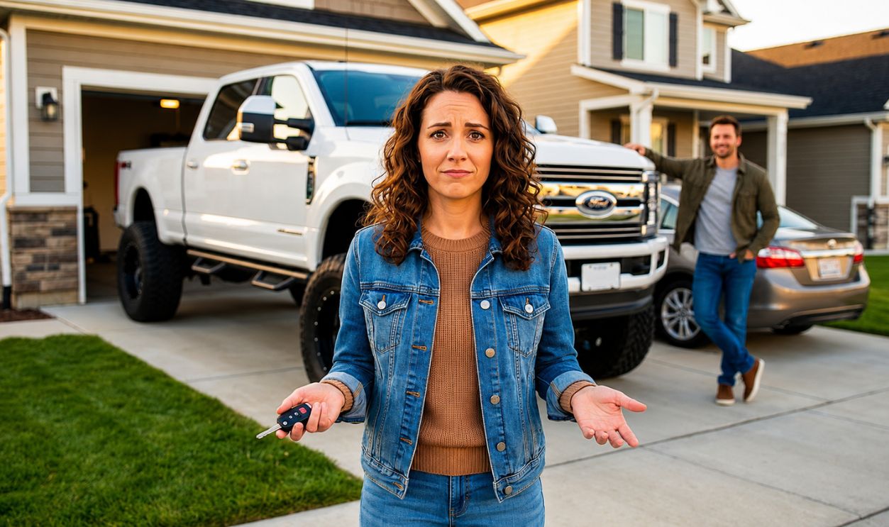 nervous woman standing in front of a lifted pickup truck