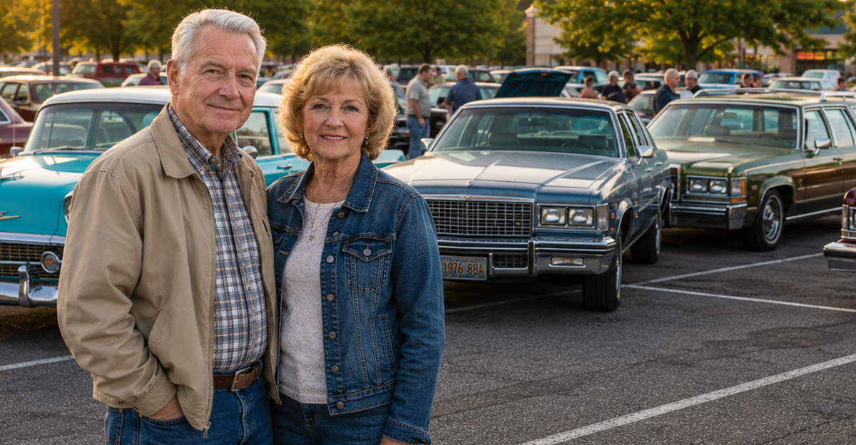 Boomer couple in front of classic cars